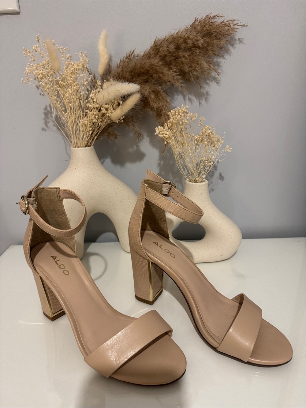 Aldo Blush Nude Block Heel Ankle-Strap Sandals